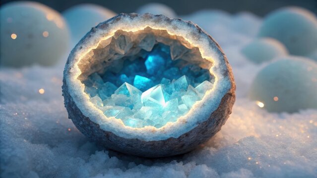Closeup of a glowing blue crystal geode nestled in soft white snow