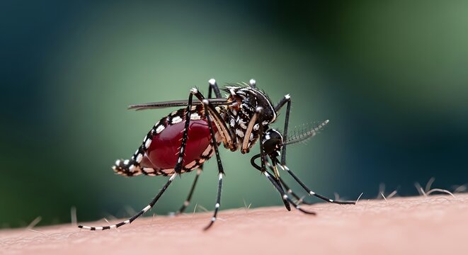 Close-Up of Mosquito Feeding on Human Skin with Focus on Blood-Sucking Behavior