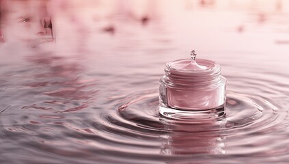 A glass jar of pale pink cream sits in still, rippling water, a single drop of cream suspended above. The background is a soft, blurred, pinkish hue