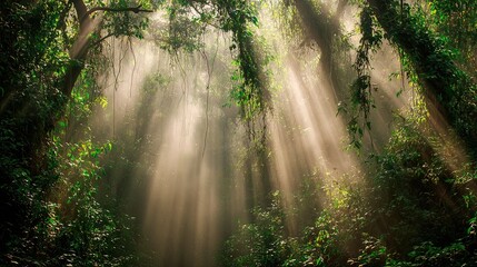 Obraz premium Rays of Sunlight in a Green Forest – Tall Trees, Sunbeams Filtering Through Leaves, Enchanting Serene Landscape with Lush Foliage, Captured in High Resolution