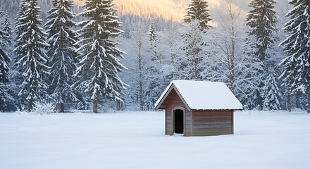 Solitary Wooden Doghouse in a Serene, Snow-Covered Forest Clearing