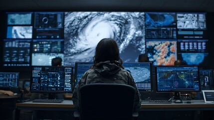 A woman monitors a hurricane in a high-tech control room, surrounded by multiple screens displaying satellite images and data.