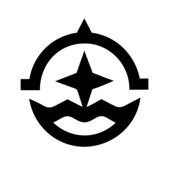 Compass Symbol over Ocean Wave Outline Icon – Navigation and Maritime Vector Illustration