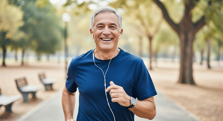 Fototapeta premium A senior man running in the park, enjoying fitness and exercise, promoting a healthy and active lifestyle in a beautiful outdoor setting