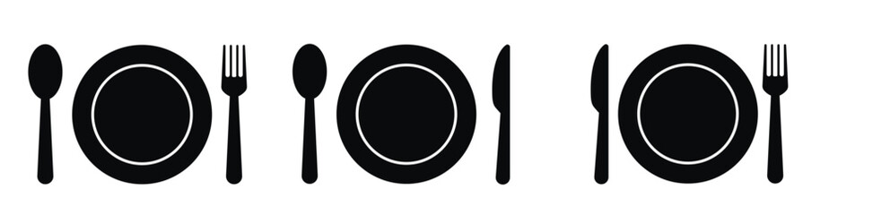 Fork, knife, plate and spoon. Menu symbol. Restaurant icon. Food, plate, fork, knife, spoon, cutlery icon set.