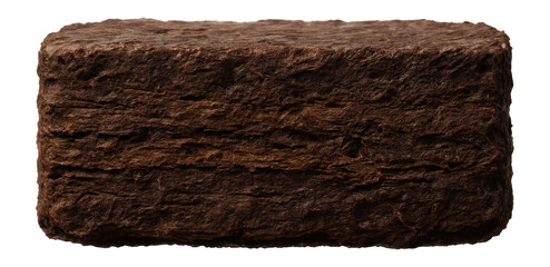 Peat block with compact, layered structure and earthy brown coloration