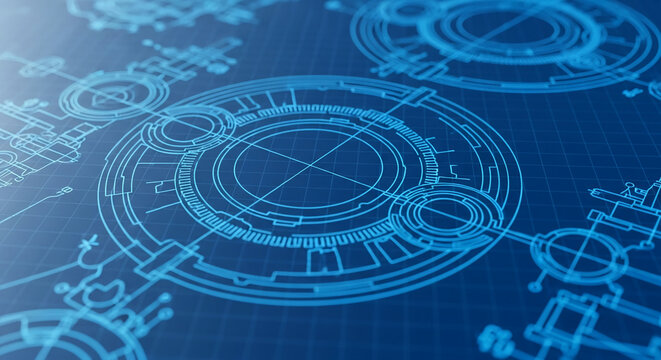 Close-up of blue technical drawing, intricate circular patterns, grid background, showcasing precision and technology, ideal for engineering or industrial concepts