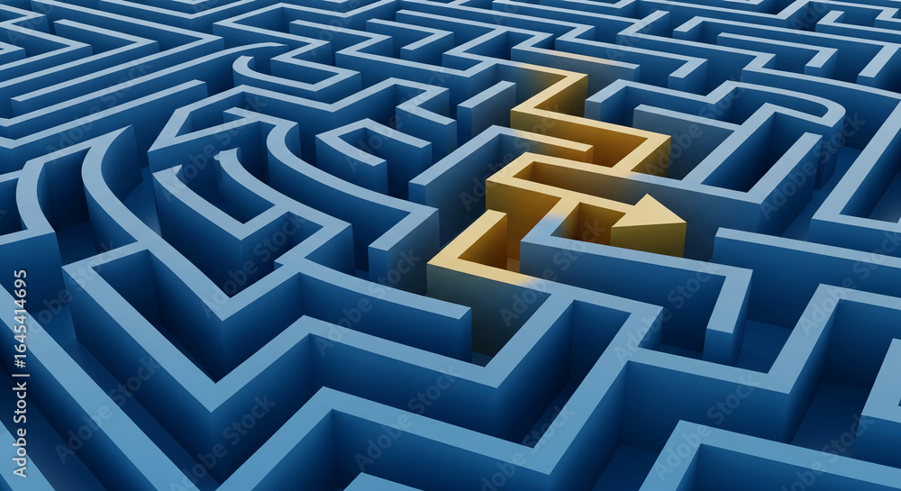 Poster blue maze with a yellow path showing the solution, symbolizing problem-solving, guidance, and findin