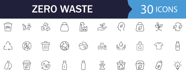 Zero Waste line Icon Set. Features icons of recycling, environment, garbage, and compost. Perfect for eco apps and sustainability reports.