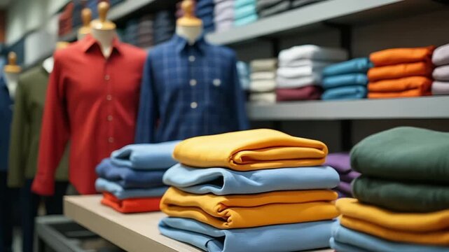 Neatly folded shirts on display in a retail store showcase a variety of colors and styles