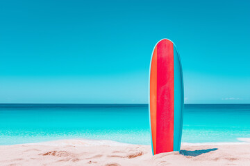 Surfboard on a sunny beach with clear water, background with copy space for text