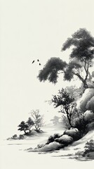 ink wash painting of trees and birds