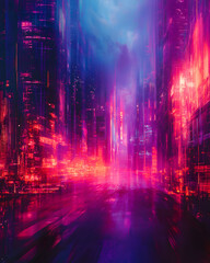 Vibrant abstract cyberpunk city street with glowing pink and red neon lights and a futuristic digital glitch effect.