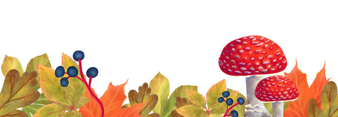 Hand drawn bright autumn seamless horizontal banner with fly agarlic mushrooms and leaves, isolated on transparent background, perfect for autumn, fall and Thanksgiving designs.
