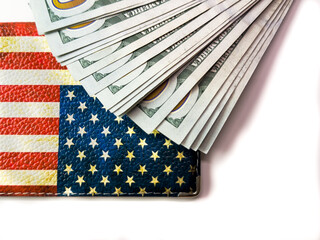 US flag and dollars, cash, dollars, US passport, US visa, travel to the US, money, cash, USA flag,...
