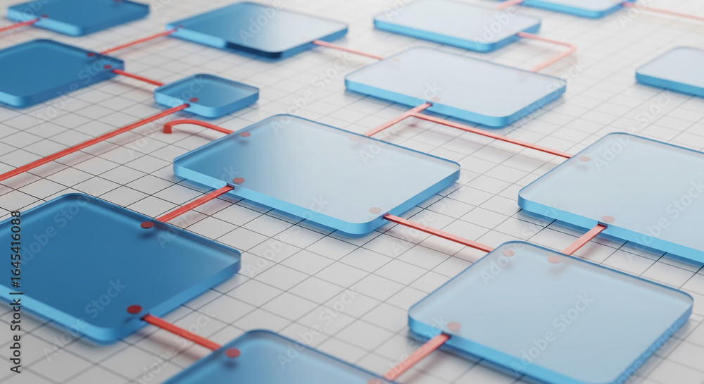 Poster abstract image of interconnected light-blue glass squares and red connectors on a grid background, s