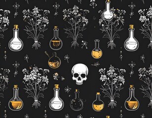 Dark botanical pattern with flasks and skulls