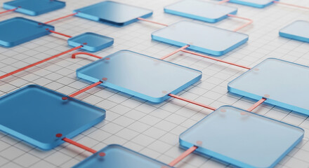 Abstract image of interconnected light-blue glass squares and red connectors on a grid background, showcasing network connection or data flow concept