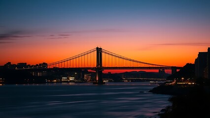 Fototapeta premium Silhouetted suspension bridge at dusk with city lights