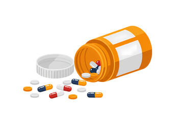Spilled Prescription Pills Medication Bottle and Capsules on transparent background