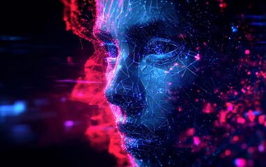 human face composed of glowing digital particles