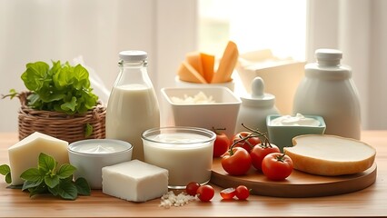 Fresh dairy products neatly arranged on a wooden table with soft natural lighting and a clean white background.
