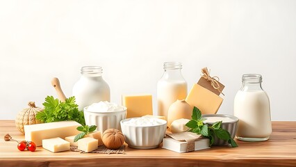 Fresh dairy products neatly arranged on a wooden table with clean white backdrop.