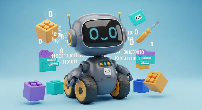 Cute robot surrounded by colorful blocks and binary code, showcasing technology, programming, or childhood concepts