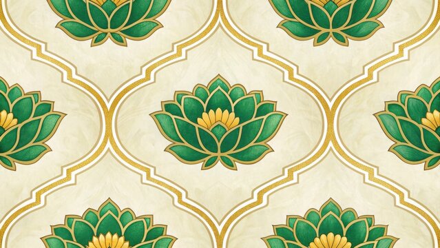 Intricate indian lotus flower pattern with gold accents on a beige background