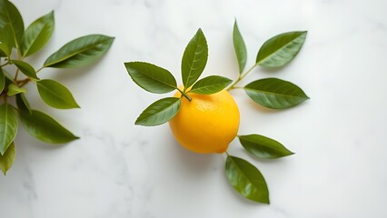 A fresh lemon with green leaves on marble, bright and clean in soft lighting.