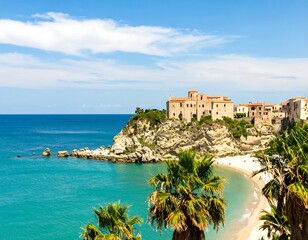 Obraz premium Coastal town perched on a cliff overlooking a serene cove with palm trees in the foreground