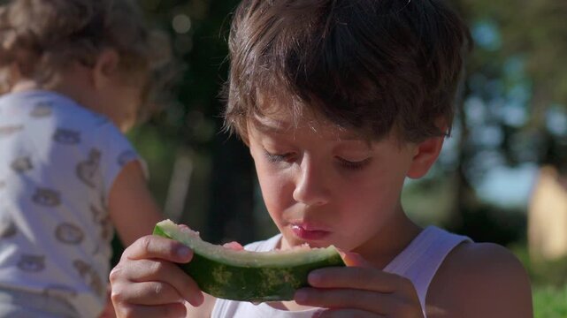 Closeup of young boy biting into watermelon rind outdoors, wide eyed with thoughtful satisfied expression, enjoying refreshing summer snack in natural light