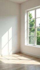 Empty corner, natural light floods minimalist room, neutral tones, large window, peaceful, neutral