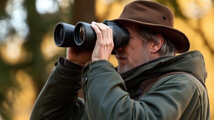 Hunter in dark green with brown hat looking through binoculars toward camera in forest with yellow foliage.