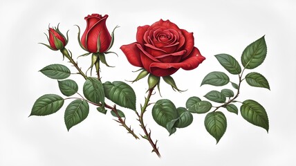 Obraz premium Deep Red Rose Trio with Water Droplets and Lush Green Leaves