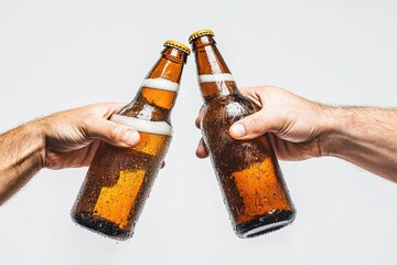 Men clinking their bottles of beer together against