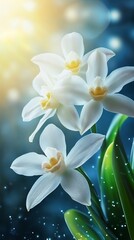 Fototapeta premium Close-up of three white flowers, soft focus, ethereal lighting