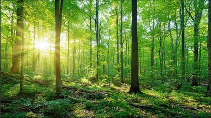 Obraz premium Rays of Sunlight in a Green Forest – Tall Trees, Sunbeams Filtering Through Leaves, Enchanting Serene Landscape with Lush Foliage, Captured in High Resolution