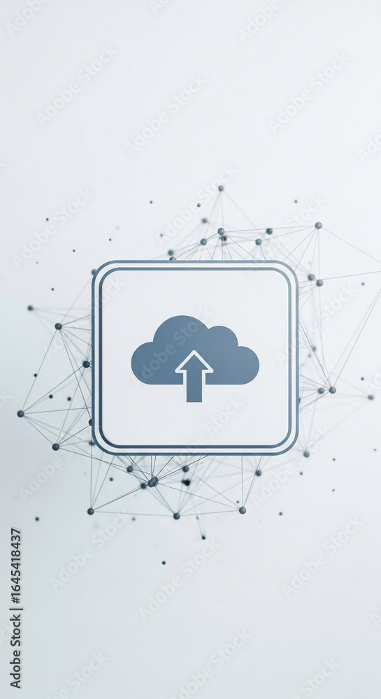 Poster cloud upload icon in framed square, set against abstract network graphic, symbolizing data transfer,