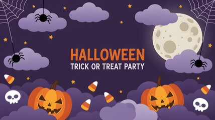 Halloween party trick or treat pumpkin spider moon clouds stars spooky scary october night celebration 1031