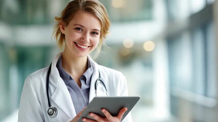 A healthcare worker woman with a stethoscope smiles while checking information on a tablet in a contemporary medical facility - Powered by Adobe