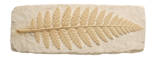 Fossilized fern frond with detailed pinnate leaflets and central rachis