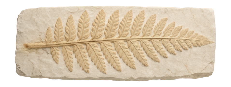Fossilized fern frond with detailed pinnate leaflets and central rachis