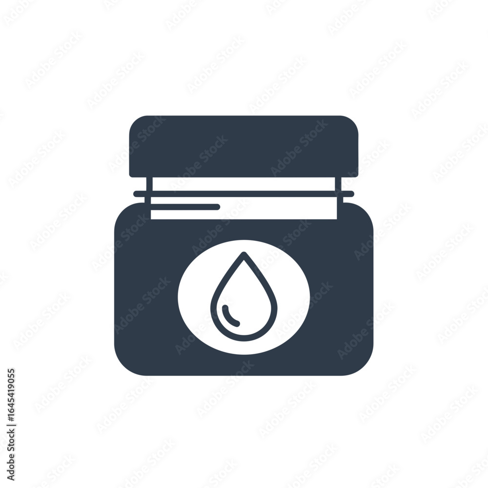 Poster essence of liquid: a minimalist depiction of a jar elegantly housing a single drop of liquid. symbol