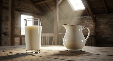 Sun-drenched Rustic Still Life with Fresh Milk and Pitcher