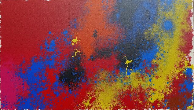 Modern art close-up of a colorful nonfigurative painting featuring abstract stains and textured brushwork