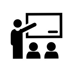 Teacher Pointing at Board with Students Icon – Classroom Teaching, Education, Learning, School Lesson, Instruction, Academic Guidance, and Student Interaction Symbol Design