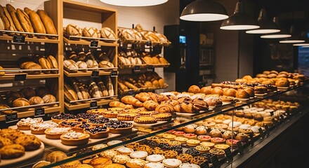 Assortment of fresh bread and pastries in a bakery display