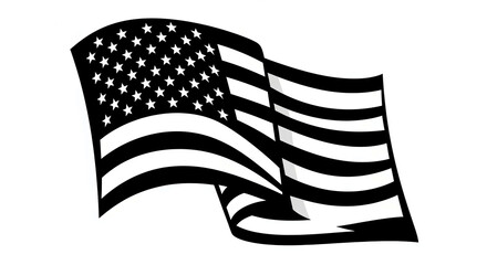 A grayscale image of a waving american flag with stars and stripes on a white background