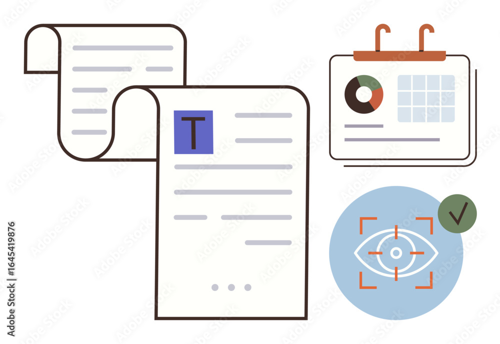 Poster document pages alongside a calendar with graphs, and an eye-tracking target with a check mark. ideal